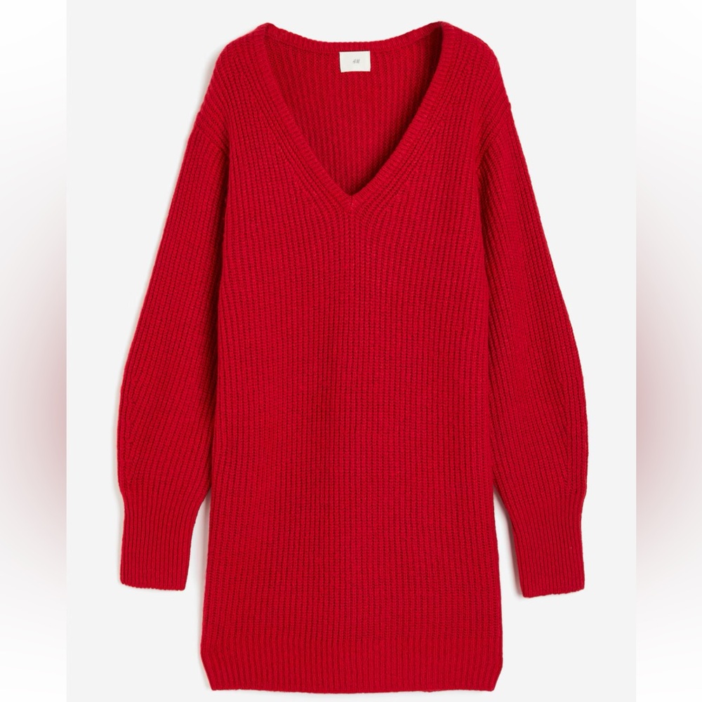 Red V-Neck Sweater Dress